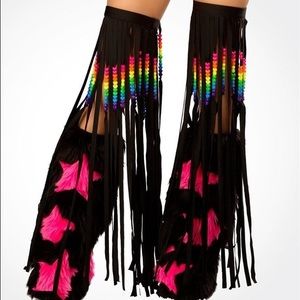 RAVE BEADED FRINGE LEG WARMERS BLACK RAINBOW BEADS